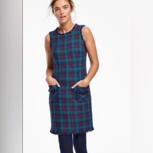 Boden Boucle Tweed Plaid Fringe Shift Dress Sleeveless Size 8 Long